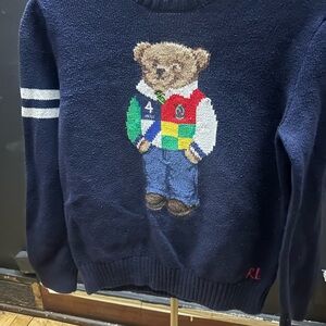 Ralph Lauren Navy Crewneck Polo Bear Sweater with Multicolor Patchwork